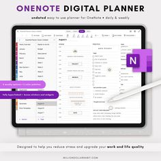 the onenote digital planner is displayed on a tablet with an arrow pointing to it