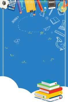 an image of a blue background with books and school supplies