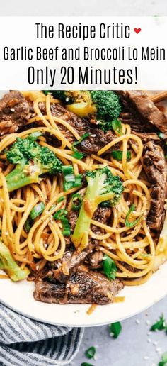 the recipe for beef and broccoli lo mein in 20 min is shown on a plate