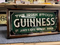 The Irish stout,  Guinness , st James gate brewery Dublin bar/pub/mancave mirror . Glue chipped lettering in the guinnes gilded with 12ct white goldleaf .  Etched lettering for the Irish stout and St James's gate brewery Dublin gilded in 12ct white gold leaf also .  With a deep Irish green fade out to black for the back ground .  Mounted in a traditional bullnose frame aged and stained and  finished off with French polish .  Mounting brackets included .  It measures 57.5cm wide 29cm high 4cm thi Sandblasted Glass Art, Pub Mirror, French Polish, Sandblasted Glass, Reverse Painted, Fade Out, St James, Mounting Brackets, Guinness