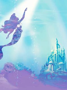 the little mermaid is swimming in front of a castle with her long hair flying through the air