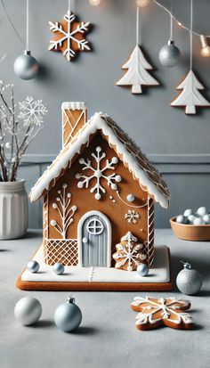 a gingerbread house decorated with icing and snowflakes is surrounded by ornaments