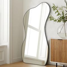 a mirror sitting on top of a wooden floor next to a plant