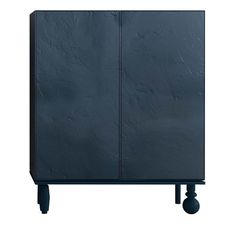 a black cabinet with two doors and wheels on the bottom, against a white background