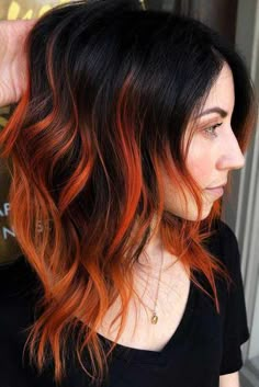 Orange Ombre Hair, Grey Balayage, Highlights Brunette, Cheveux Oranges, Hairstyle Color, Orange Highlights, Hair With Highlights, Peekaboo Hair, Black Hair With Highlights