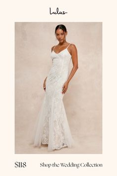 a woman in a white wedding dress with the words shop the wedding collection