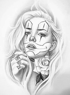 a pencil drawing of a girl with her face painted as a clown and holding a rose