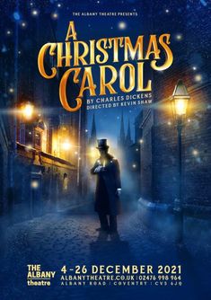 a christmas carol poster with a man in top hat and coat standing on the street