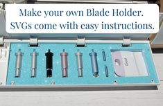 an open box containing several different types of electronic devices and the words make your own blade holder svg's come with easy instructions