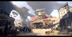 an image of a sci - fi town in the middle of desert land with buildings and signs