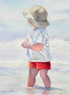 a painting of a little boy walking on the beach with his hat over his head