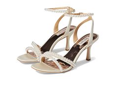 Badgley Mischka Flame - Women's Shoes : Ivory : Look pretty in the glamorous and sleek Badgley Mischka Flame heels designed to perfectly complement your favorite dresses. Satin upper. Leather lining and synthetic footbed. Buckle closure on the ankle strap. Knot detailing on the front strap. Square toe construction. Point heels. Latex foam midsole. Leather outsole. Imported. Measurements: Heel Height: 3 1 10 in Product measurements were taken using size 7, width M. Please note that measurements m Badgley Mischka Heels, Glam Heels, Old Hollywood Heels, Elegant Ankle Strap Heels With Cushioned Footbed, Elegant Cushioned Ankle Strap Heels, Elegant Ankle Strap Sandals With Cushioned Footbed, Elegant Sandals With Cushioned Footbed And Ankle Strap, Bridal Wardrobe, Pointed Heels