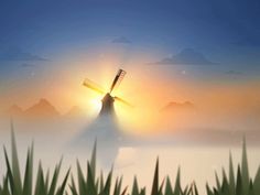 a painting of a windmill with the sun setting in the background and grass blowing in the foreground