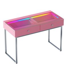 a pink desk with two drawers and neon lights on the top, in front of a white background