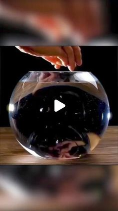 a person is placing something in a fish bowl