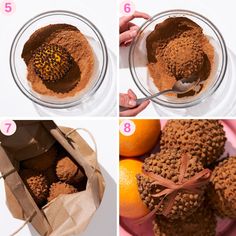 four pictures showing how to make chocolate truffle balls in a bowl and then put them in a paper bag