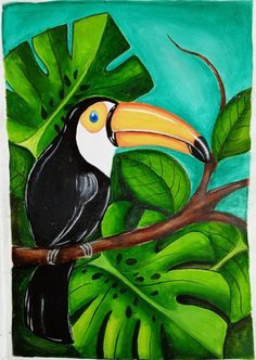 a painting of a toucan perched on a tree branch