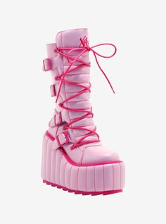 Take your look to new heights in these statement platform boots! Featuring baby pink padding all around  plus lace-up detailing on the front. Comes with buckle strap designs and side zipper closures.Listed in women's sizes.Platform: 3''Heel: 6''Polyurethane upper; EVA soleImported Megamind Platform Boots, Plateforme Shoes Pink, Pink Lug Sole Boots, High Platform Shoes Pink, White Platform Boots With Blood Drip, Shock Platform Boots, Platform Boots Color, Leather Boots Pink, Led Platform Boots