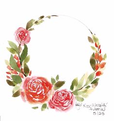 a watercolor painting of red roses and green leaves on a white background with the words,