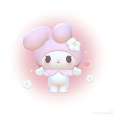 a cute little bunny with flowers on her head and ears, standing in front of a pink background