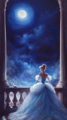 a painting of a woman in a blue dress sitting on a balcony looking at the moon