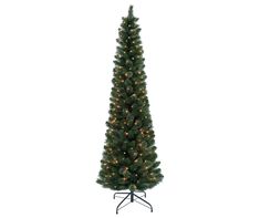 a tall christmas tree with lights on it's base and stand in front of a white background