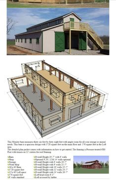 the plans for a horse barn with lofts and stalls are shown in two different views