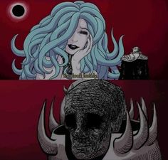 an image of a woman with blue hair and horns on her head, next to a drawing of a demon