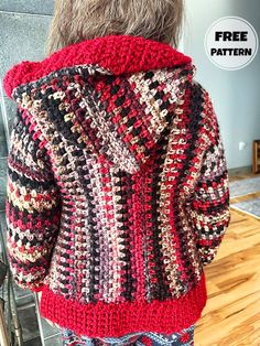 the back of a woman's sweater with crocheted patterns on it and text overlay that says free pattern