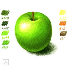 a green apple with some colored pencils on it's side and the top half showing