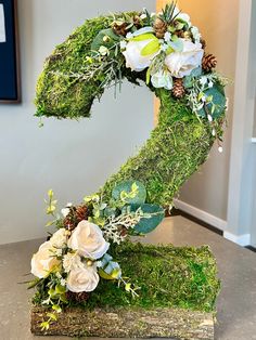 the number two is made out of moss and white flowers with pine cones on top