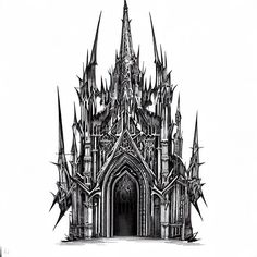 a black and white drawing of a gothic church with spikes on the front entrance door