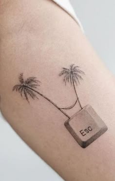 a small palm tree and keyboard tattoo on the right arm, which reads eso