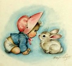 a painting of a baby and a bunny