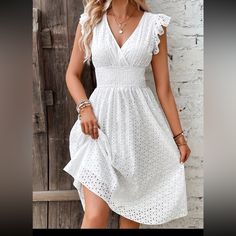 New In Bag. Nothing Says Sweet Innocence Better Than White Eyelet. Sexy White Eyelet V-Neck Fully Lined Dress With Flared Short Sleeves, Wide Smocked Waistline, And Flared Skirt. Size L. 95% Polyester, 5% Spandex. Church Fits, Mid Skirt, Ruffle Sleeve Dress, Maxi Robes, Large Dress, Mid Length Dresses, Types Of Skirts, Elegant Dress, Sleeve Dress