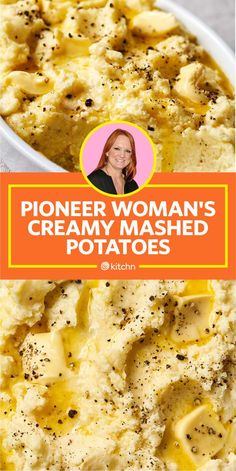 a white bowl filled with mashed potatoes covered in cheese and seasoning next to a pink sign that reads, pioneers creamy mashed potatoes