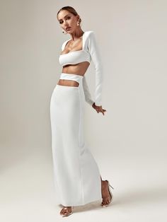 A sexy cutout detailing that lends you an alluring look. This Kynlee Cutout Bandage Set keeps a perfect balance between sophisticated and playful. Made of high quality knit, this set also has a sexy cut-outs accented at the chest and the waist, a long sleeve styling, a floor-length hem. Pair it with strappy heels and a matching clutch to make a statement!     Material: Bandage (90% Rayon, 9% Nylon, 1% Elastane)    Zippered opening at the back   Stretch Factor:    High Stretch    Clean: Gentle m Online Stylist, Shapewear Tops, Jumpsuits And Romper, Feather Dress, White Maxi, Maxi Dress Green, Embellished Dress, Shop Maxi Dresses, Prom Party Dresses