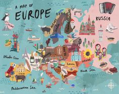 an illustrated map of europe with all the major cities and their main attractions in each country