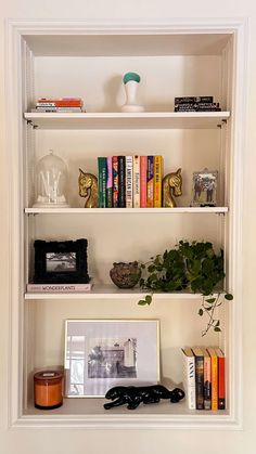 a white book shelf filled with books and plants