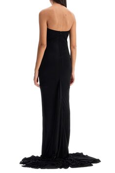 Crafted from soft, shiny viscose jersey, this maxi dress by Giuseppe di Morabito features a bandeau design adorned with draping and a removable gold metal shell brooch. The form-fitting silhouette is enhanced by a floor-length hemline with a godet motif on the back. It has an invisible zip closure and hook at the back. The model is 177 cm tall and wears an IT size 40. Composition: 100%VI Shell Brooch, Wide Leg Jeans Cropped, Herno Jacket, Leopard Print Blouse, Invisible Zip, Women Maxi, Shop Maxi Dresses, Blouse Dress, Womens Maxi Dresses