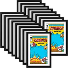 the comics magazine covers are lined up in black and white frames, each featuring an image of