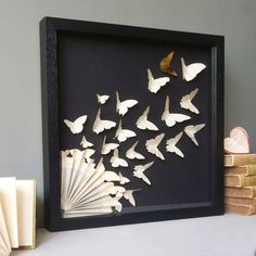 there is a shadow frame with paper butterflies on it and two books next to it