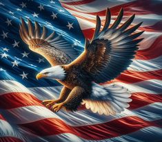 an eagle flying over the american flag with stars and stripes on it's wings