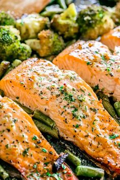 salmon and broccoli in a pan with seasoning