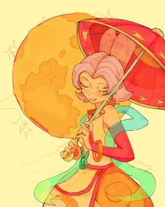 a drawing of a woman holding an umbrella over her head with the sun in the background