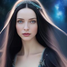 a woman with long black hair wearing a tiara in front of a night sky