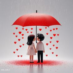 two people standing under an umbrella in the rain with hearts floating all around them on a white background