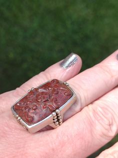 Beautiful Carved Floral Red Jasper Asian Mid Century Sterling Silver Vintage Ring Ring Size 6.25 Stone Measures 1" x 3/4" Artisan Red Carved Jewelry, Red Jasper, Vintage Rings, Statement Rings, Mid-century Modern, Black And Red, Jewelry Rings, Ring Size, Mid Century