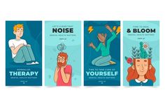 three posters with different types of people doing yoga and noise, which are also being used for