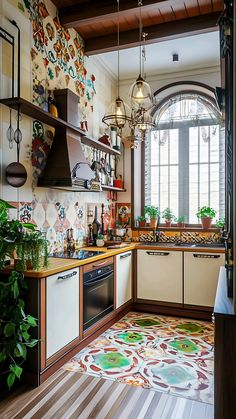 the kitchen is decorated with colorful tiles and potted plants on the countertop, along with hanging lights